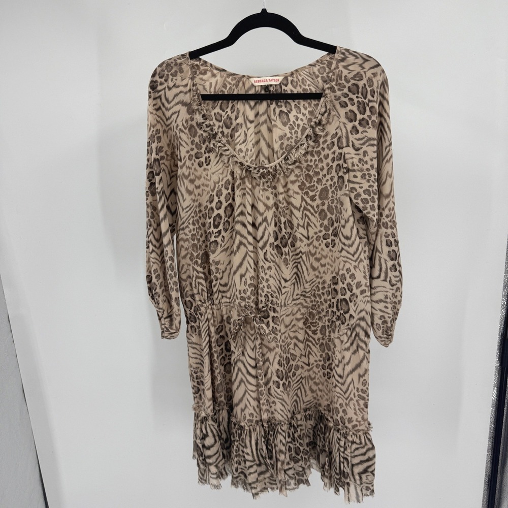 Rebecca Taylor Animal Print 100% Silk Ruffle Mini Dress Tan Brown 4 Long Sleeve